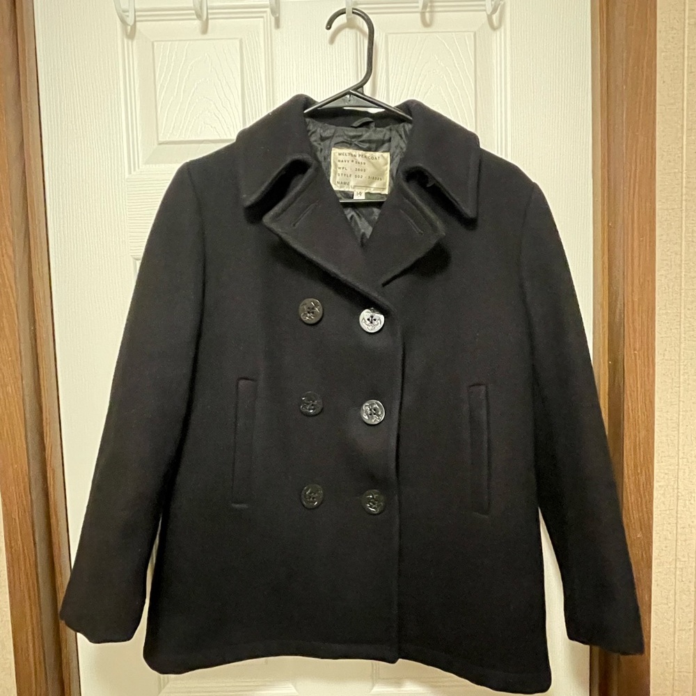 Vintage US Navy Melton black wool pea coat with double-breasted anchor buttons